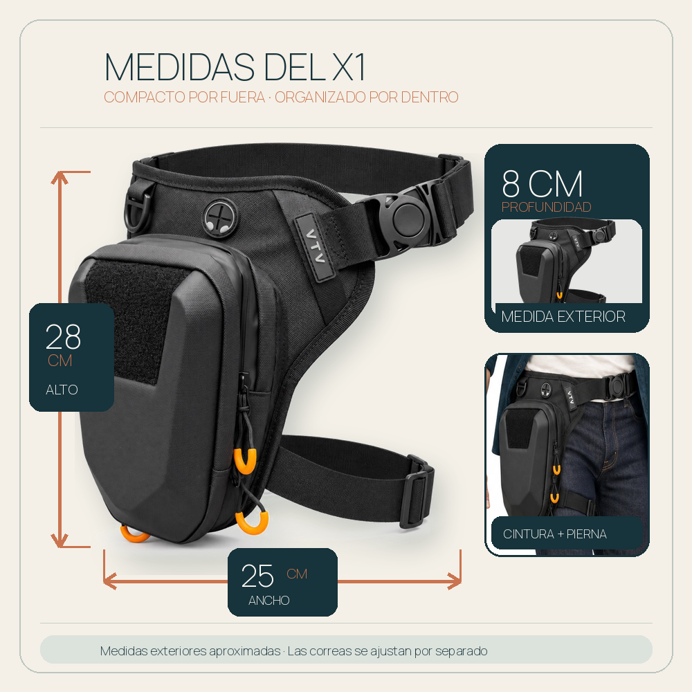 Guía de medidas del Bolso Táctico X1: aproximadamente 28 cm de alto, 25 cm de ancho y 8 cm de profundidad