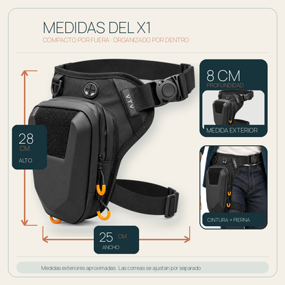 Guía de medidas del Bolso Táctico X1: aproximadamente 28 cm de alto, 25 cm de ancho y 8 cm de profundidad
